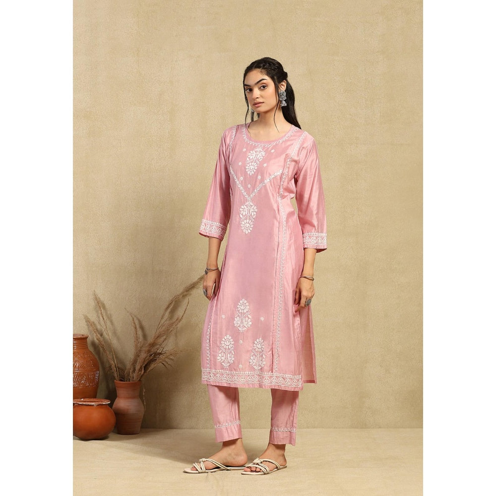 House of Chikankari Chanderi Chikankari Womens Long Kurta with Pant -Pink