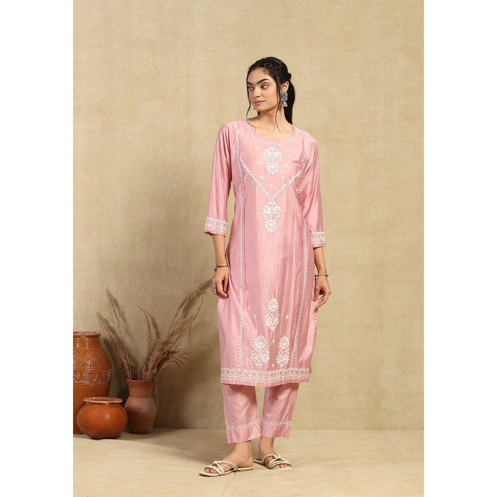 House of Chikankari Chanderi Chikankari Womens Long Kurta with Pant -Pink