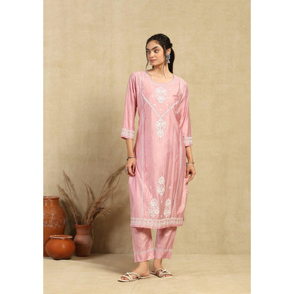 House of Chikankari Chanderi Chikankari Womens Long Kurta with Pant -Pink