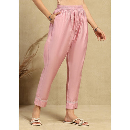 House of Chikankari Chanderi Chikankari Womens Long Kurta with Pant -Pink