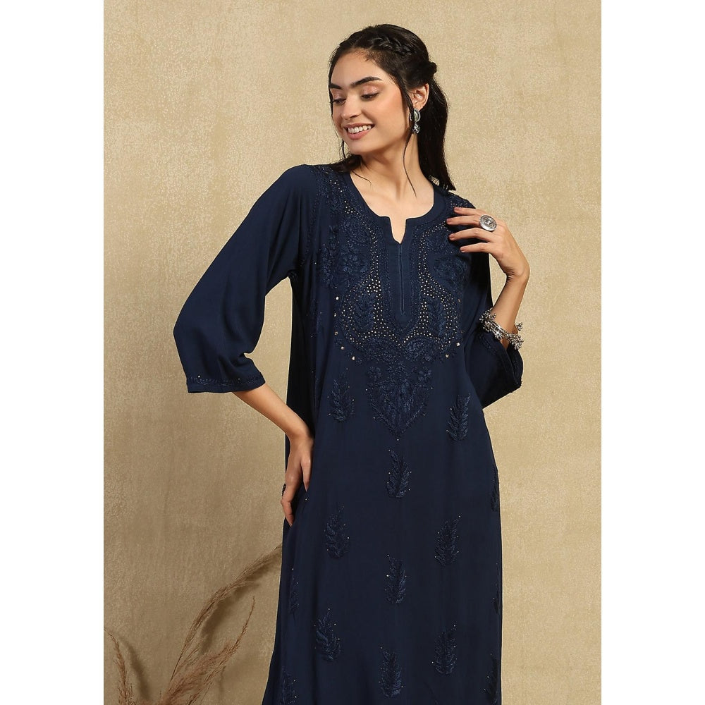 House of Chikankari Rayon Chikankari Mukaish Long Kurta with Palazzo -Navy Blue