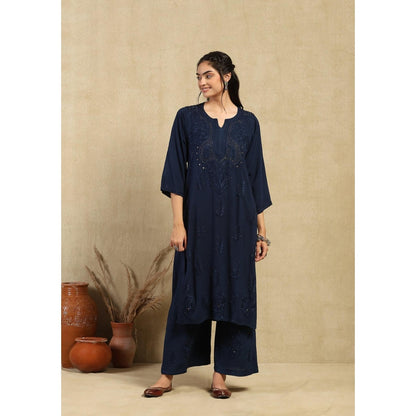 House of Chikankari Rayon Chikankari Mukaish Long Kurta with Palazzo -Navy Blue
