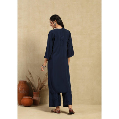 House of Chikankari Rayon Chikankari Mukaish Long Kurta with Palazzo -Navy Blue