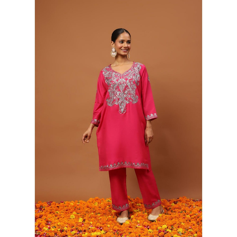 House of Chikankari Hoc Crafts Art Silk Embroidered Zari Womens Knee Kurta with Pant - Magenta