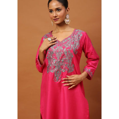 House of Chikankari Hoc Crafts Art Silk Embroidered Zari Womens Knee Kurta with Pant - Magenta