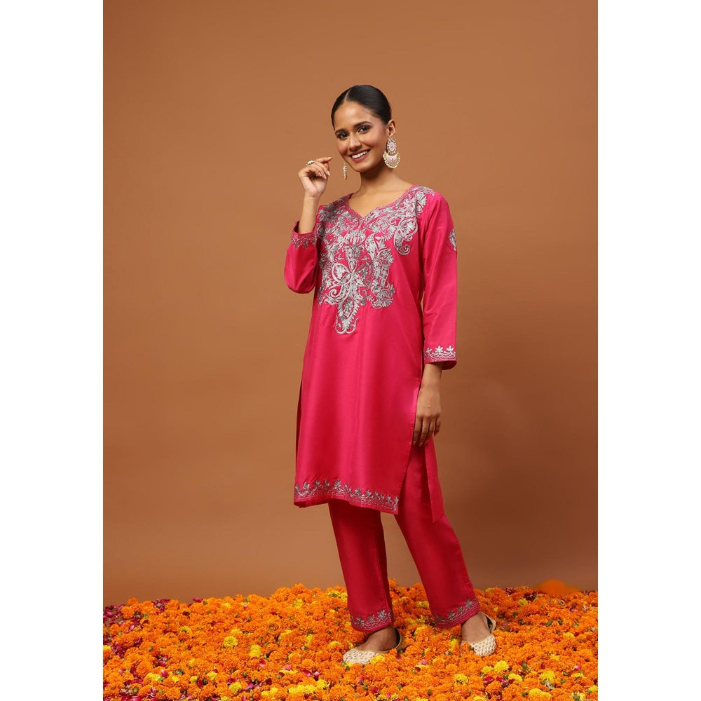 House of Chikankari Hoc Crafts Art Silk Embroidered Zari Womens Knee Kurta with Pant - Magenta