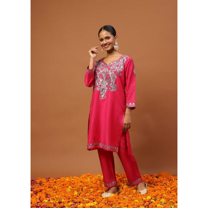 House of Chikankari Hoc Crafts Art Silk Embroidered Zari Womens Knee Kurta with Pant - Magenta