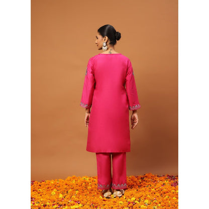 House of Chikankari Hoc Crafts Art Silk Embroidered Zari Womens Knee Kurta with Pant - Magenta