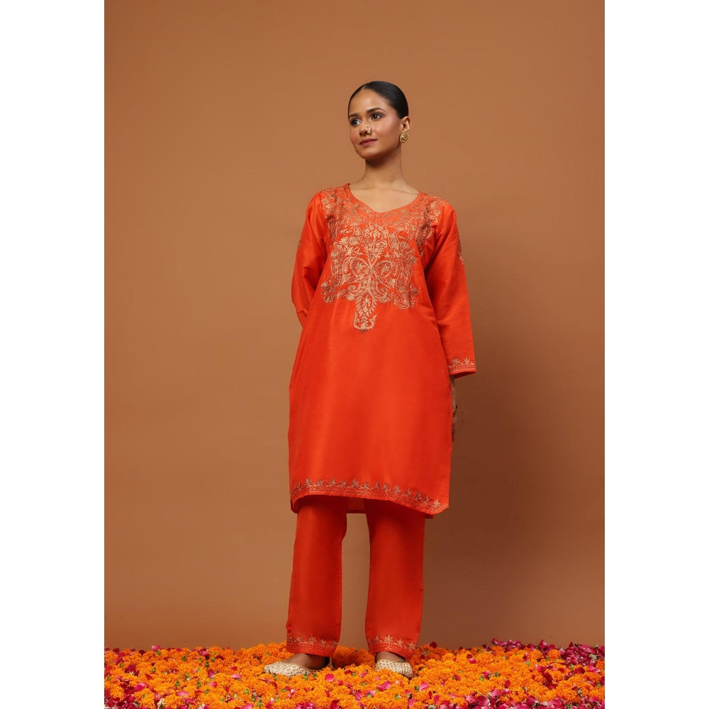 House of Chikankari Hoc Crafts Art Silk Embroidered Zari Womens Knee Kurta with Pant - Orange