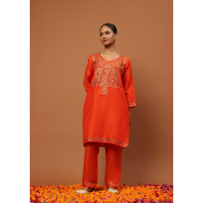 House of Chikankari Hoc Crafts Art Silk Embroidered Zari Womens Knee Kurta with Pant - Orange