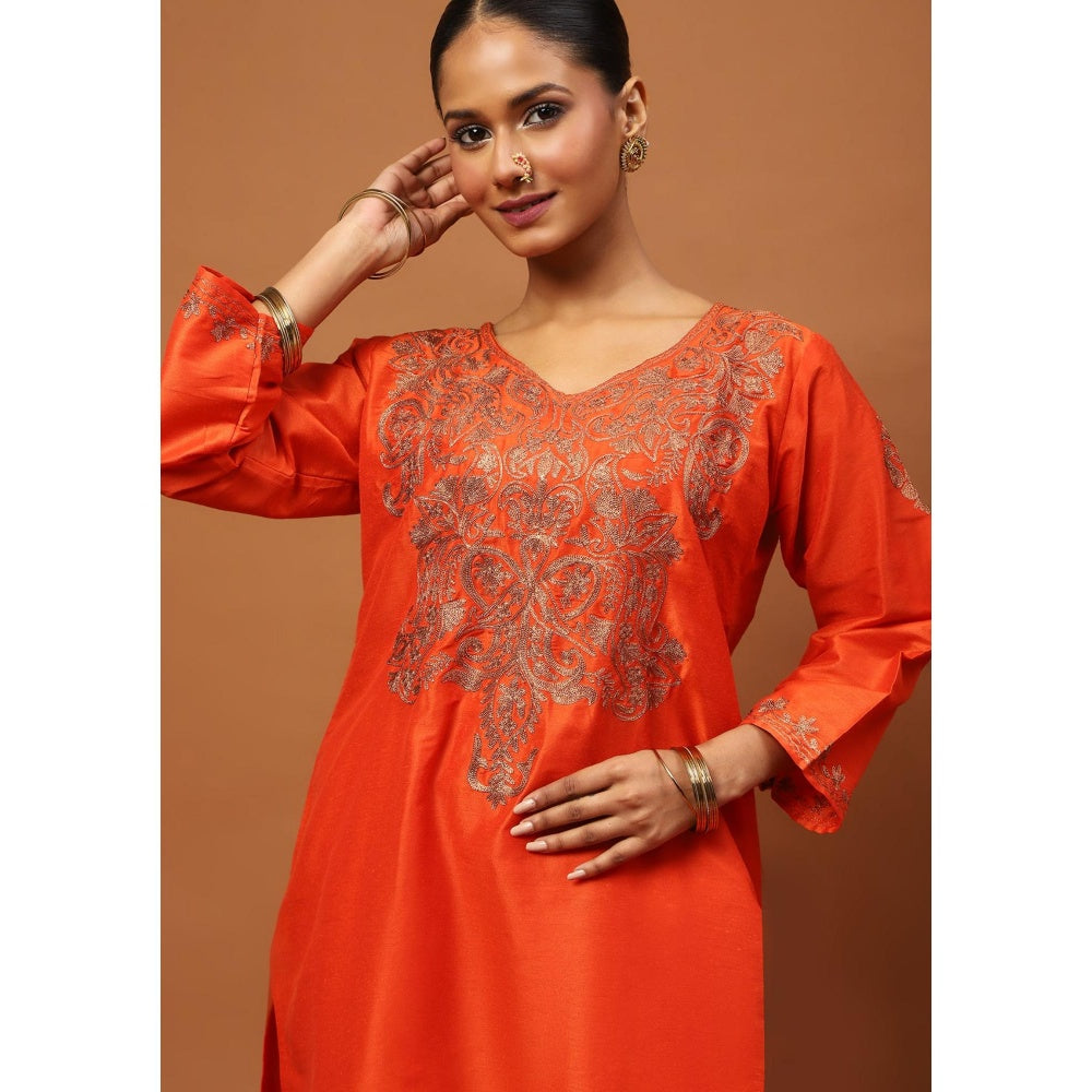 House of Chikankari Hoc Crafts Art Silk Embroidered Zari Womens Knee Kurta with Pant - Orange