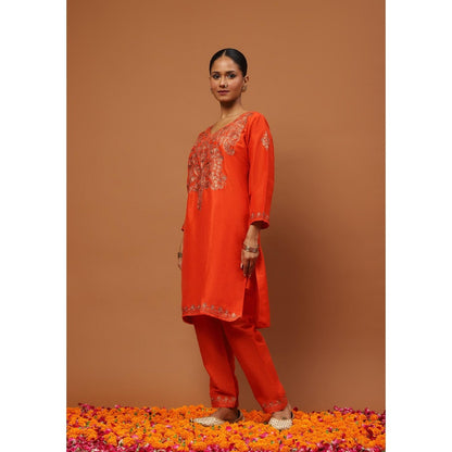 House of Chikankari Hoc Crafts Art Silk Embroidered Zari Womens Knee Kurta with Pant - Orange