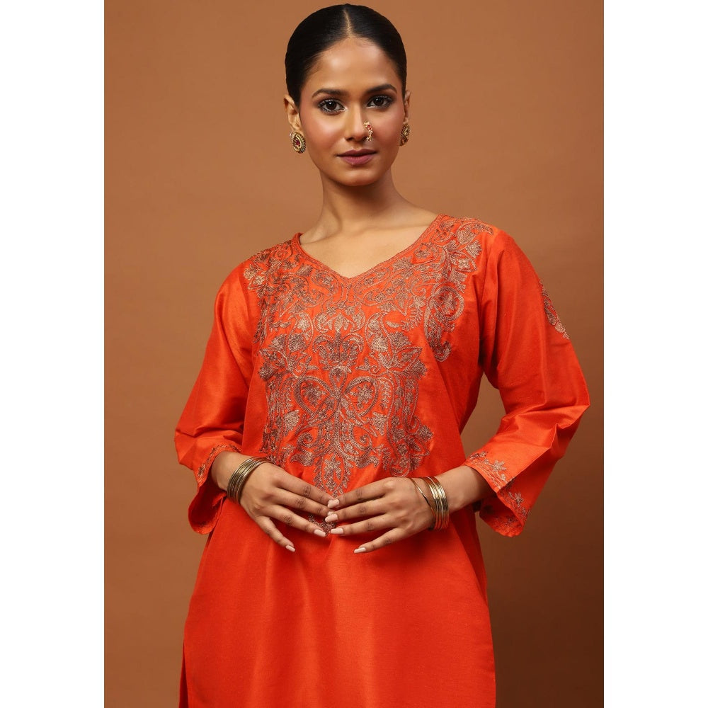 House of Chikankari Hoc Crafts Art Silk Embroidered Zari Womens Knee Kurta with Pant - Orange