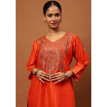 House of Chikankari Hoc Crafts Art Silk Embroidered Zari Womens Knee Kurta with Pant - Orange