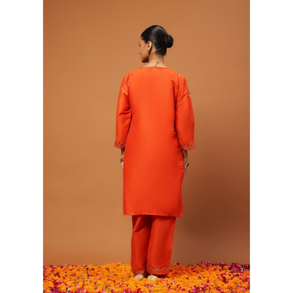 House of Chikankari Hoc Crafts Art Silk Embroidered Zari Womens Knee Kurta with Pant - Orange