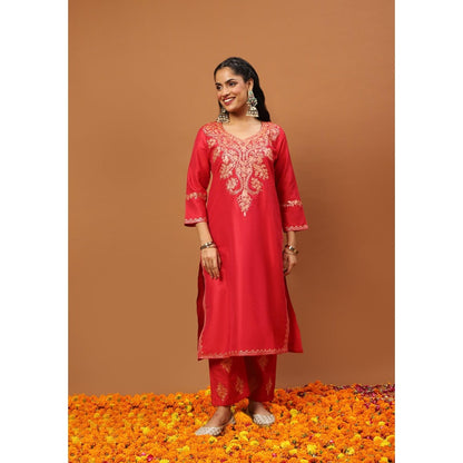 House of Chikankari Hoc Crafts Art Silk Embroidered Zari Long Kurta with Pant - Red