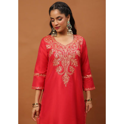 House of Chikankari Hoc Crafts Art Silk Embroidered Zari Long Kurta with Pant - Red