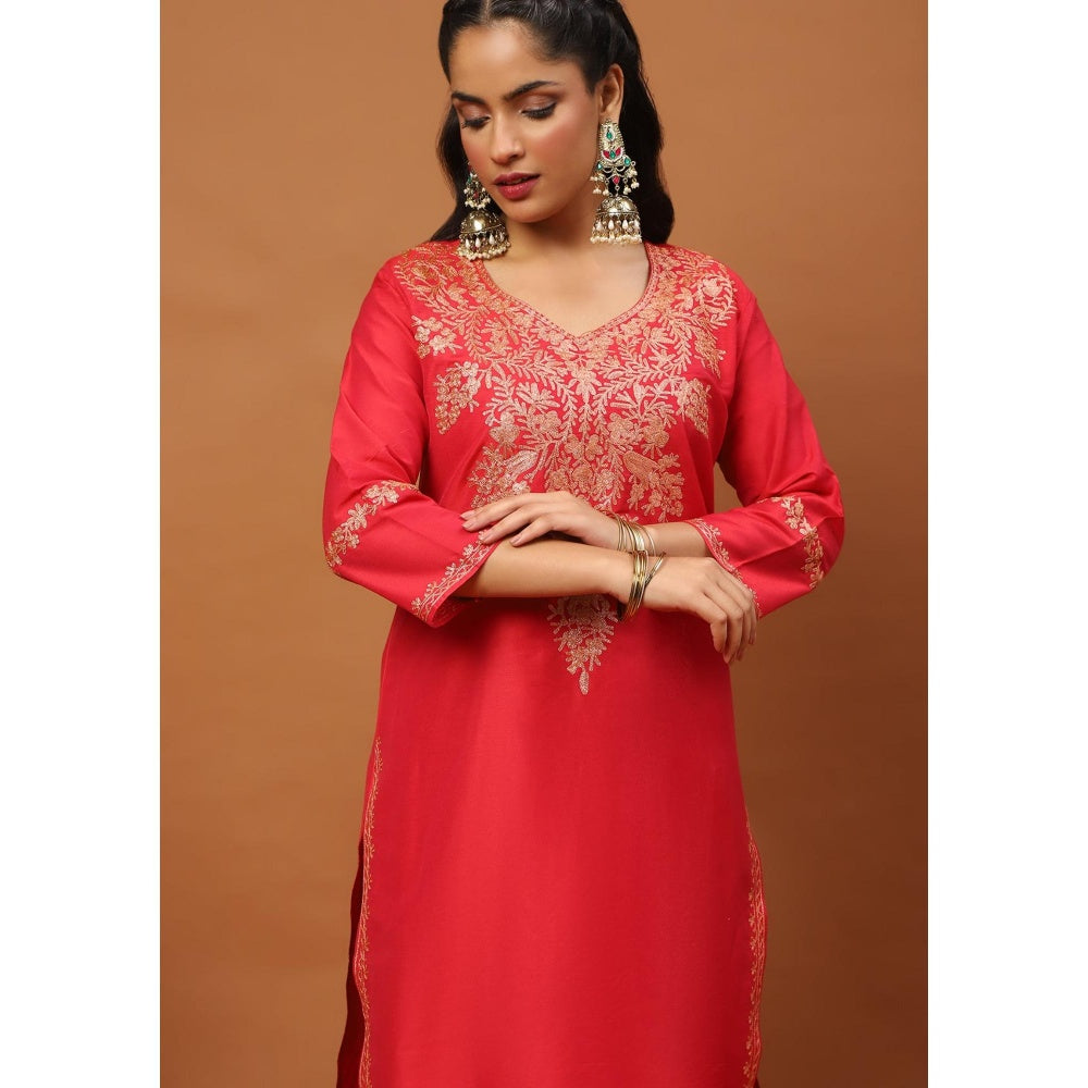 House of Chikankari Hoc Crafts Art Silk Embroidered Zari Long Kurta with Pant - Red