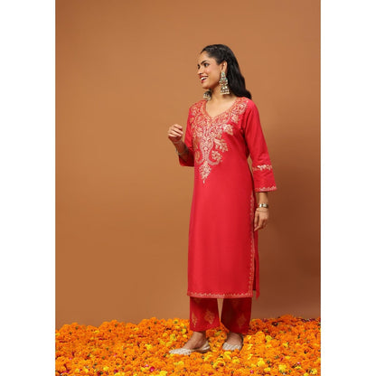 House of Chikankari Hoc Crafts Art Silk Embroidered Zari Long Kurta with Pant - Red