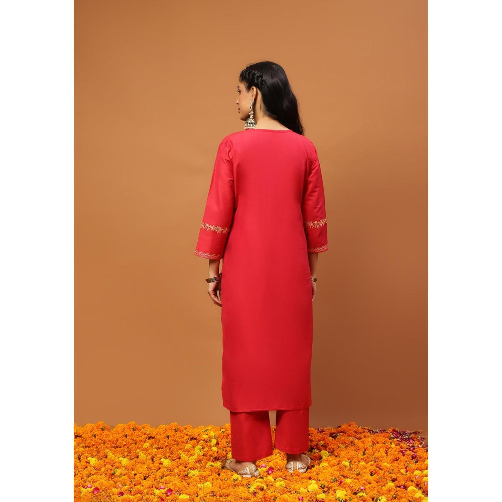House of Chikankari Hoc Crafts Art Silk Embroidered Zari Long Kurta with Pant - Red