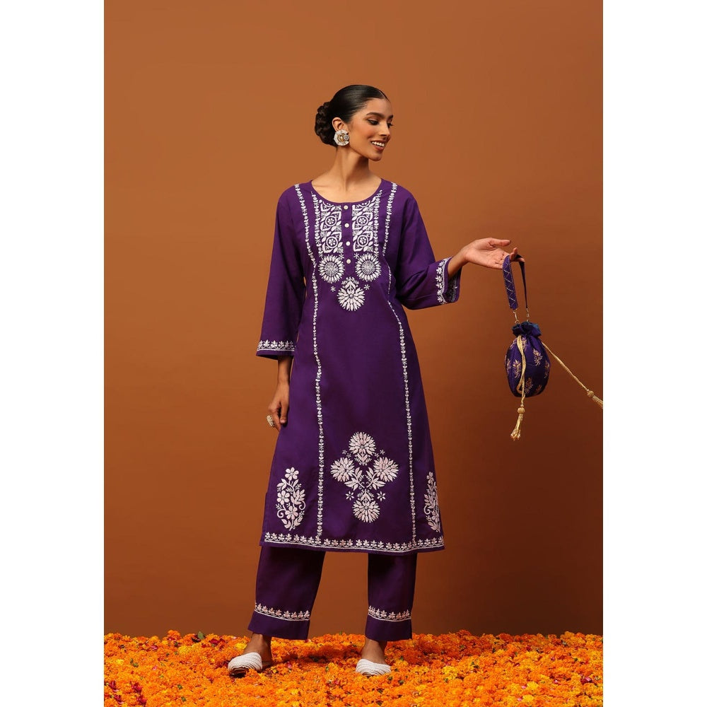 House of Chikankari Cotton Chikankari Womens Long Kurta with Pant-Purple