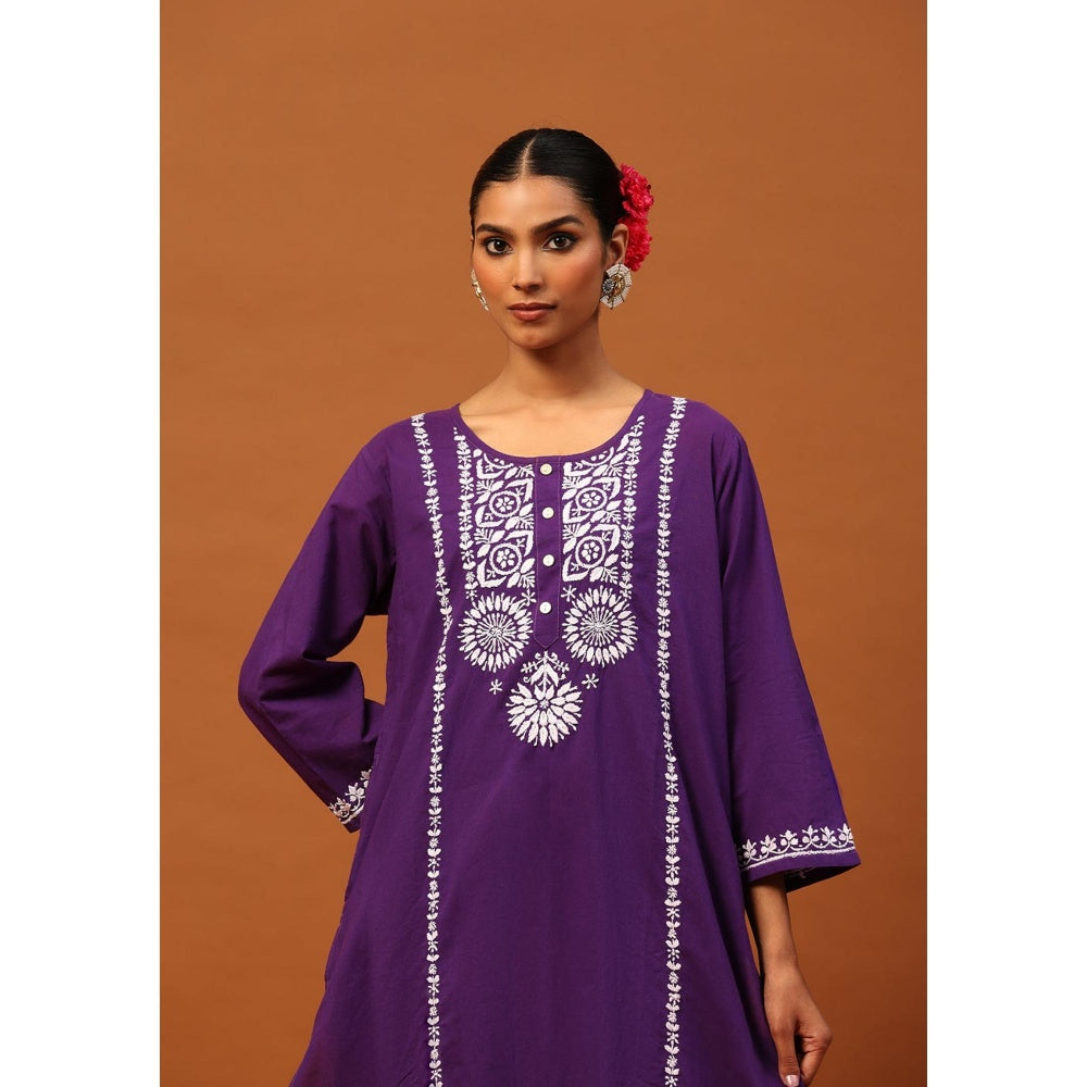 House of Chikankari Cotton Chikankari Womens Long Kurta with Pant-Purple