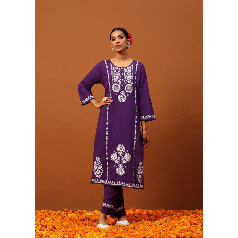 House of Chikankari Cotton Chikankari Womens Long Kurta with Pant-Purple