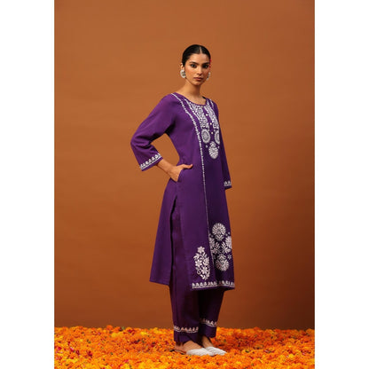 House of Chikankari Cotton Chikankari Womens Long Kurta with Pant-Purple
