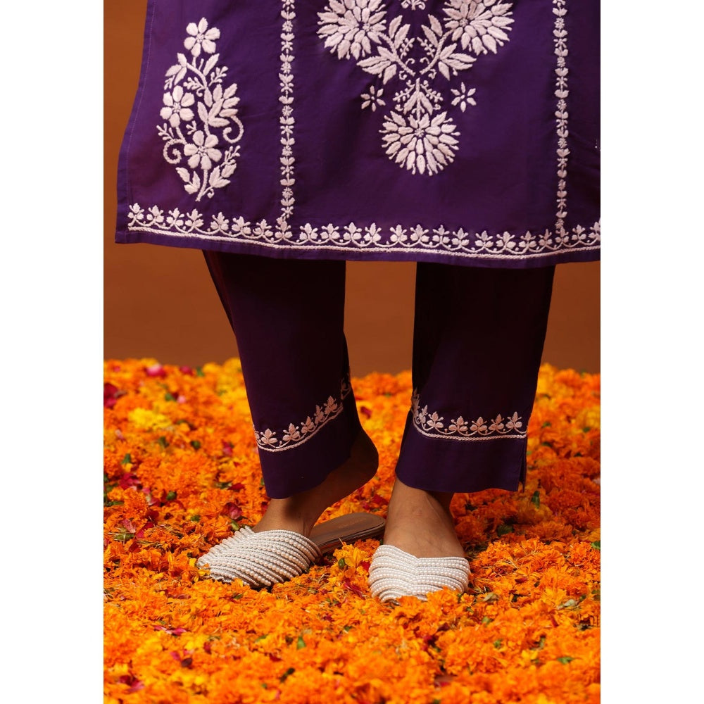 House of Chikankari Cotton Chikankari Womens Long Kurta with Pant-Purple