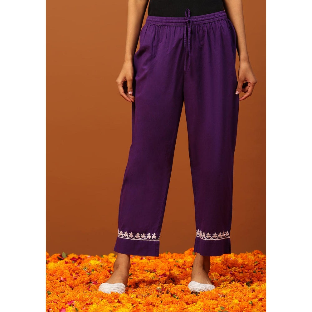 House of Chikankari Cotton Chikankari Womens Long Kurta with Pant-Purple