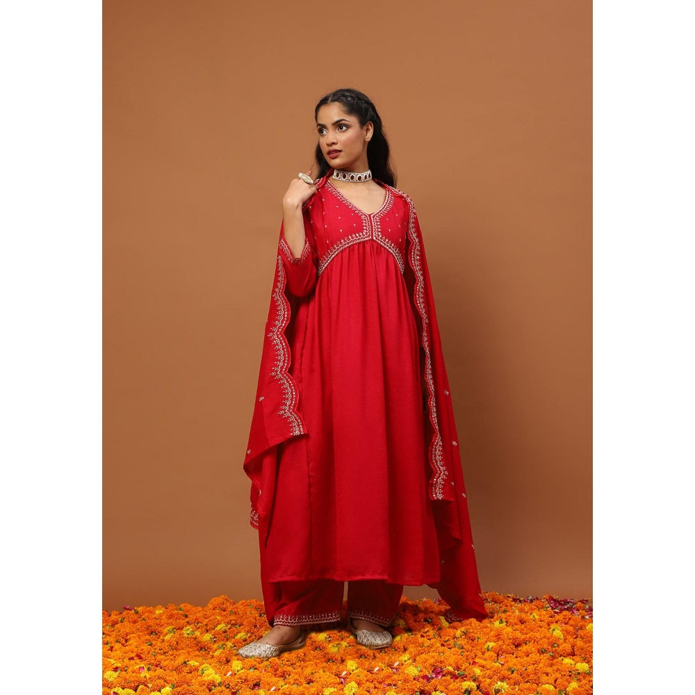 House of Chikankari Silk Blend A-Line Anarkali Kurta with Palazzo and Dupatta-Red