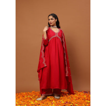 House of Chikankari Silk Blend A-Line Anarkali Kurta with Palazzo and Dupatta-Red