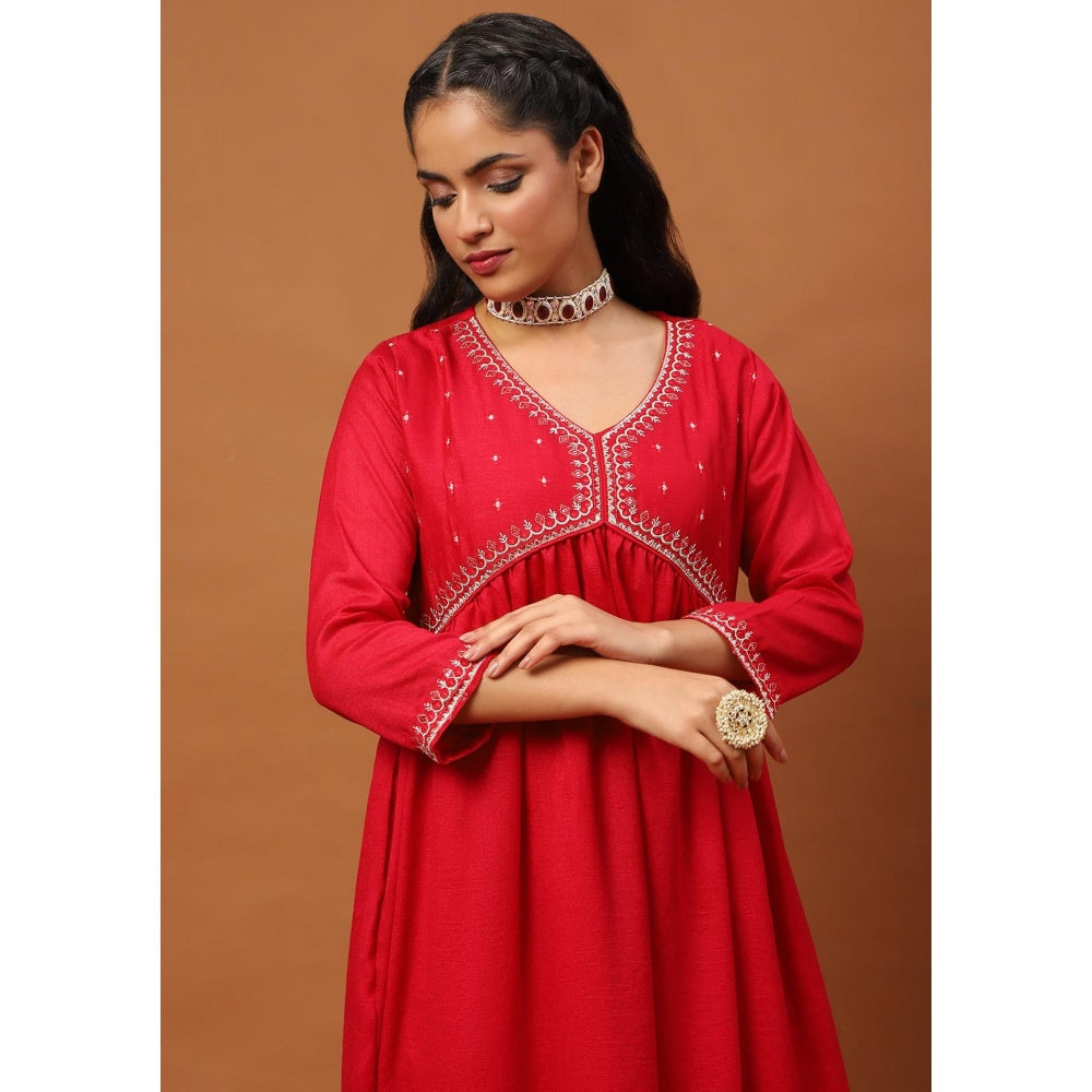 House of Chikankari Silk Blend A-Line Anarkali Kurta with Palazzo and Dupatta-Red
