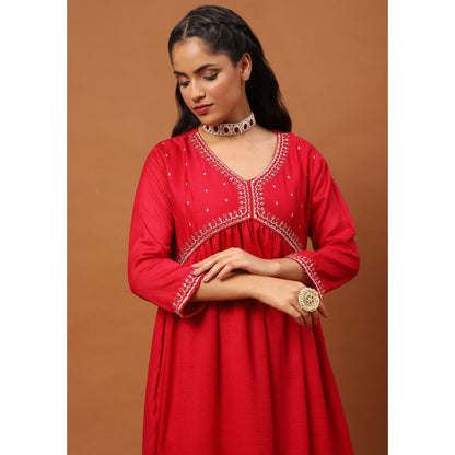House of Chikankari Silk Blend A-Line Anarkali Kurta with Palazzo and Dupatta-Red