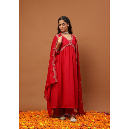 House of Chikankari Silk Blend A-Line Anarkali Kurta with Palazzo and Dupatta-Red