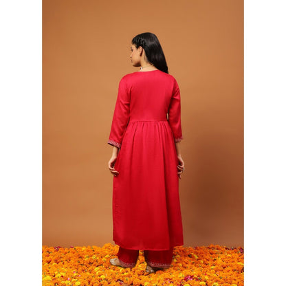 House of Chikankari Silk Blend A-Line Anarkali Kurta with Palazzo and Dupatta-Red