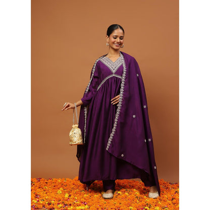 House of Chikankari Silk Blend A-Line Anarkali Kurta with Pant and Dupatta-Purple