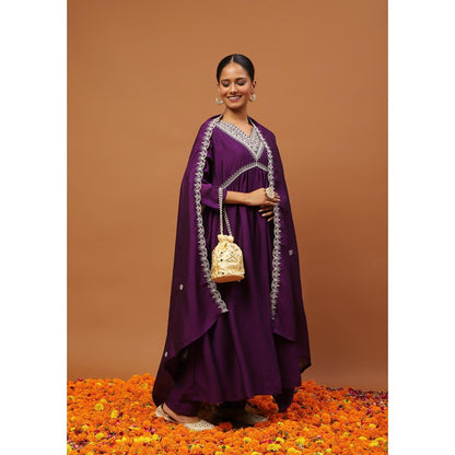 House of Chikankari Silk Blend A-Line Anarkali Kurta with Pant and Dupatta-Purple