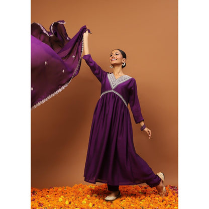 House of Chikankari Silk Blend A-Line Anarkali Kurta with Pant and Dupatta-Purple