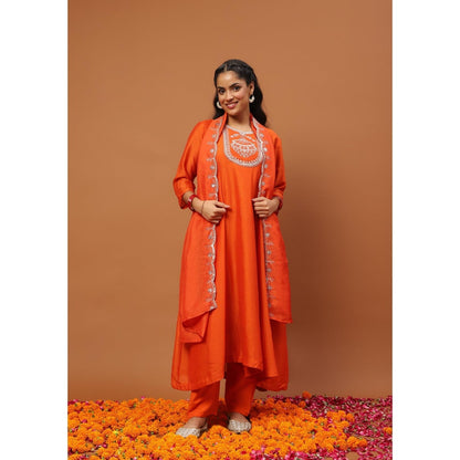 House of Chikankari Silk Blend Zari Embroidered Sequins Kurta with Pant and Dupatta-Orange