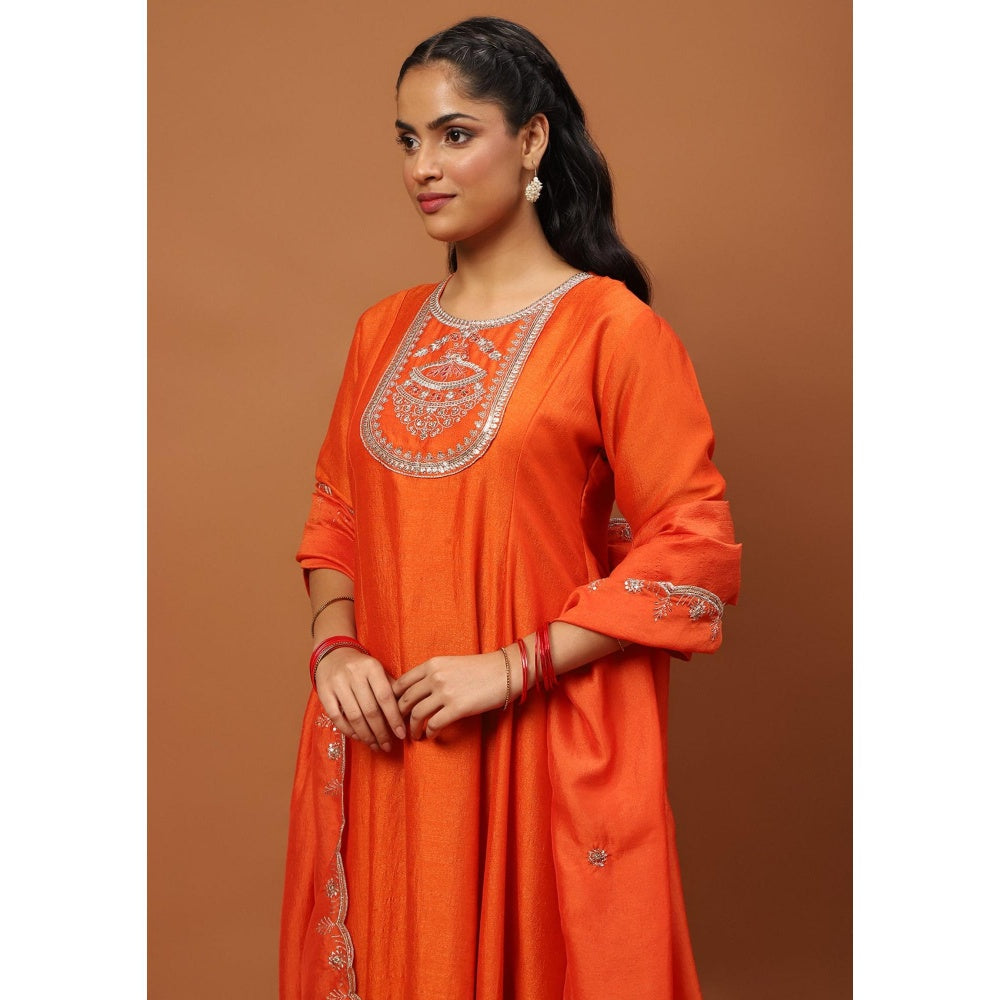 House of Chikankari Silk Blend Zari Embroidered Sequins Kurta with Pant and Dupatta-Orange