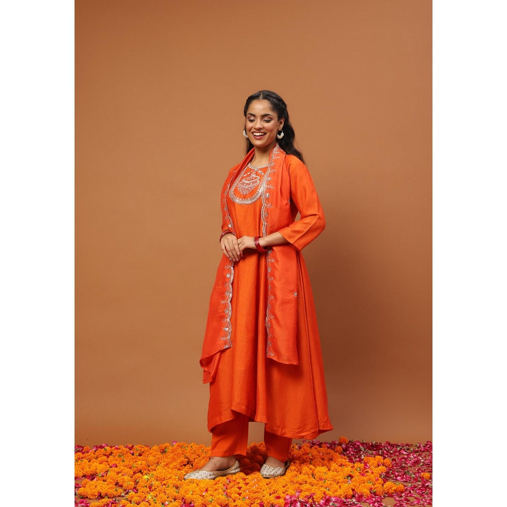 House of Chikankari Silk Blend Zari Embroidered Sequins Kurta with Pant and Dupatta-Orange