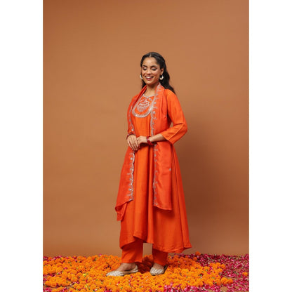 House of Chikankari Silk Blend Zari Embroidered Sequins Kurta with Pant and Dupatta-Orange