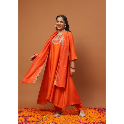 House of Chikankari Silk Blend Zari Embroidered Sequins Kurta with Pant and Dupatta-Orange