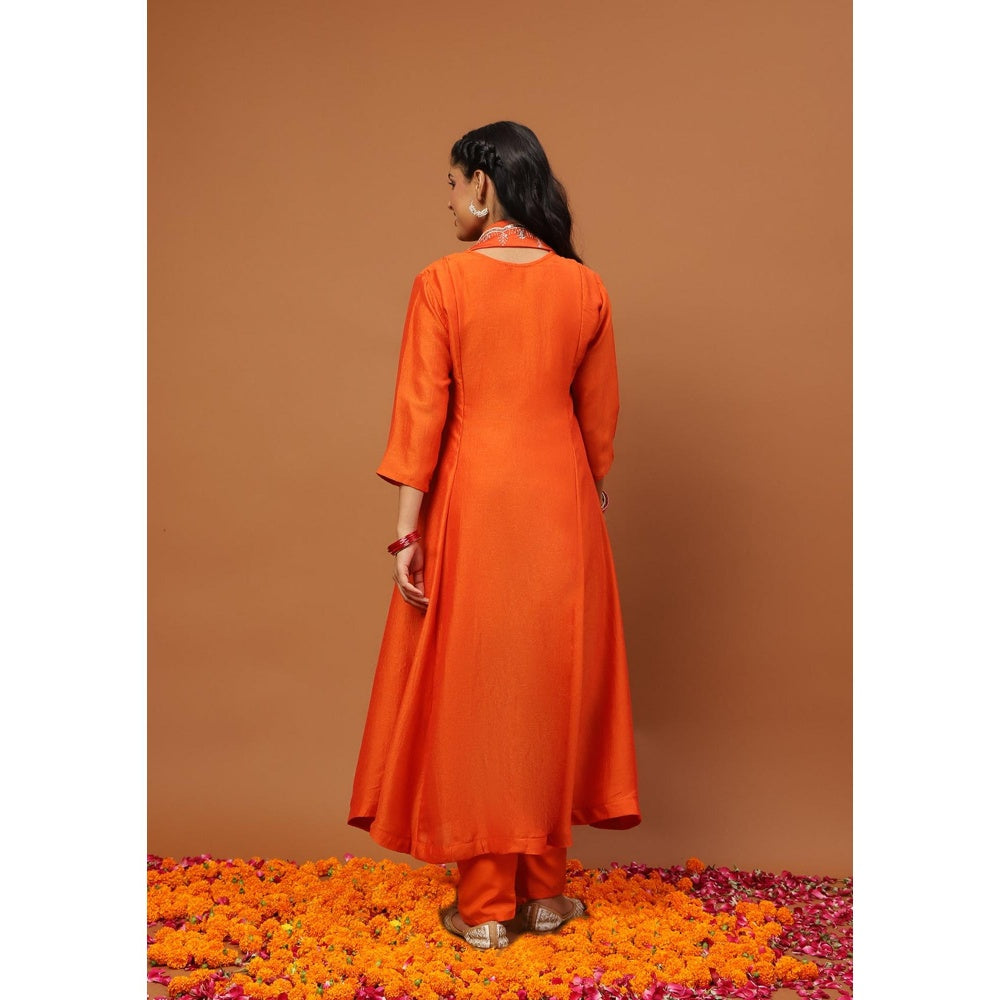 House of Chikankari Silk Blend Zari Embroidered Sequins Kurta with Pant and Dupatta-Orange
