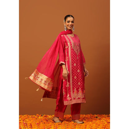 House of Chikankari Crafts Jacquard Embellished Kurta with Pant and Dupatta - Pink