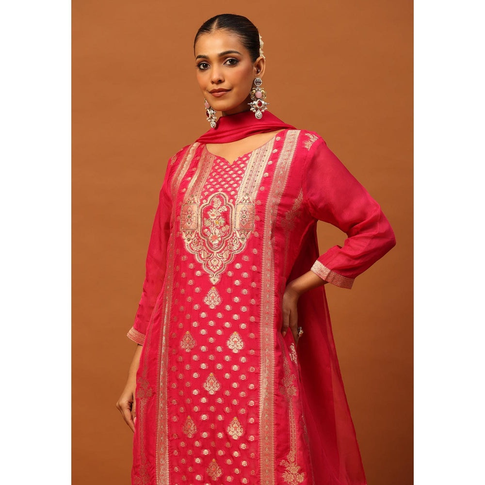 House of Chikankari Crafts Jacquard Embellished Kurta with Pant and Dupatta - Pink