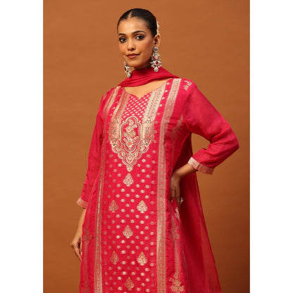 House of Chikankari Crafts Jacquard Embellished Kurta with Pant and Dupatta - Pink