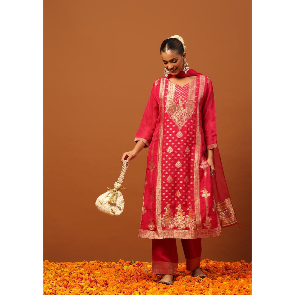 House of Chikankari Crafts Jacquard Embellished Kurta with Pant and Dupatta - Pink