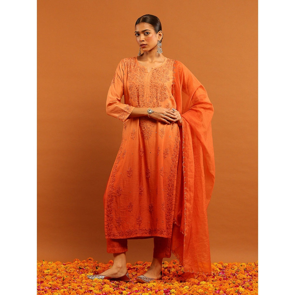 House of Chikankari Orange Chanderi Chikankari Mukaish Kurta with Pant and Dupatta